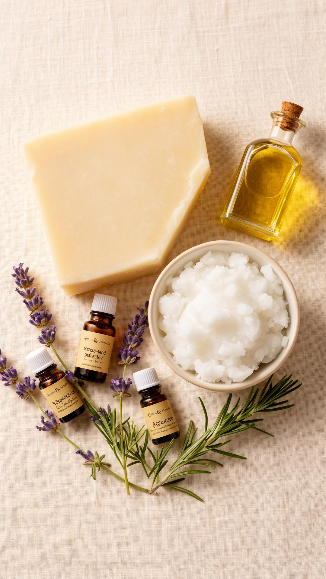 Grass-fed tallow, olive oil, coconut oil and essential oils with lavender and rosemary