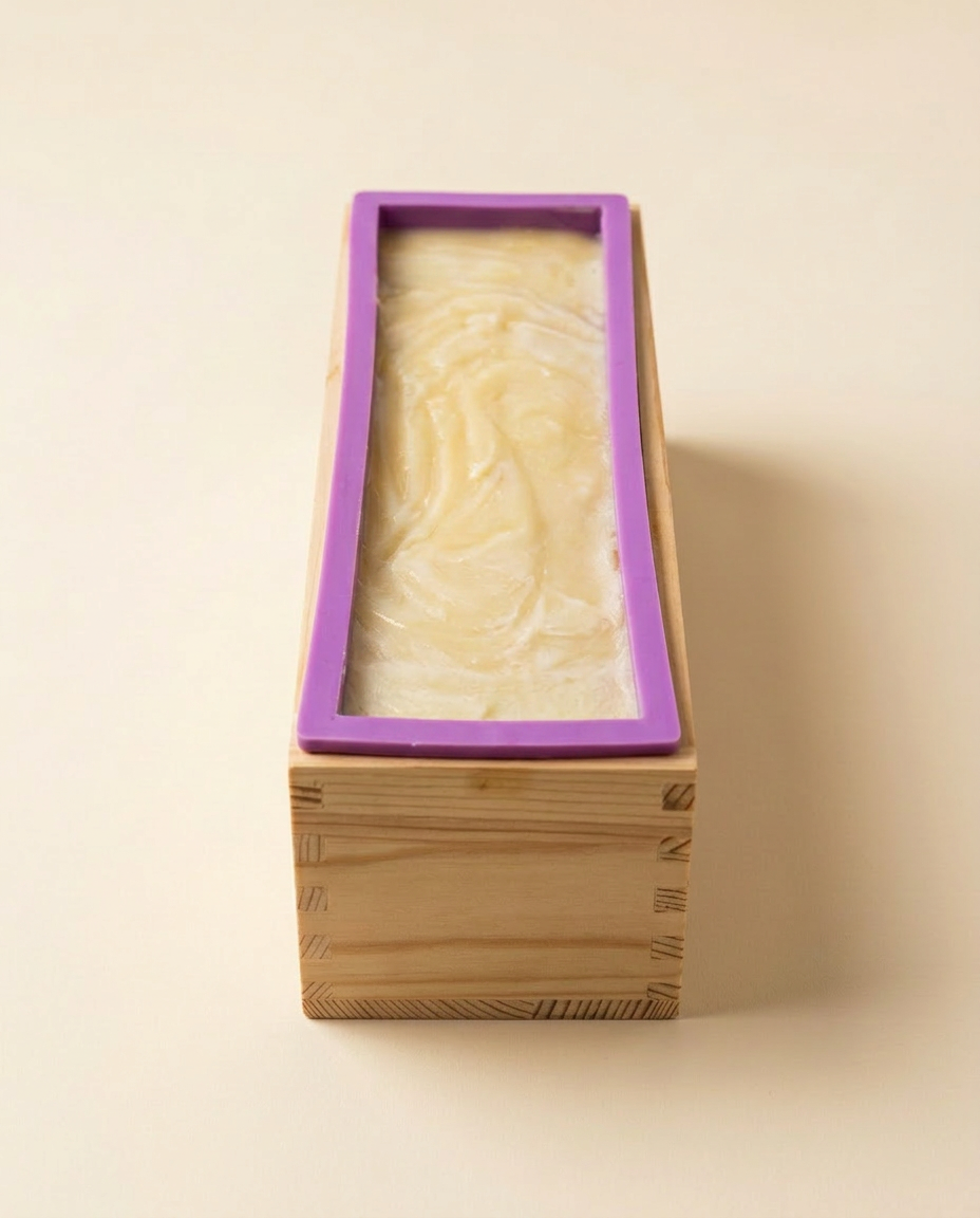 Fresh poured tallow soap setting in a wooden mold