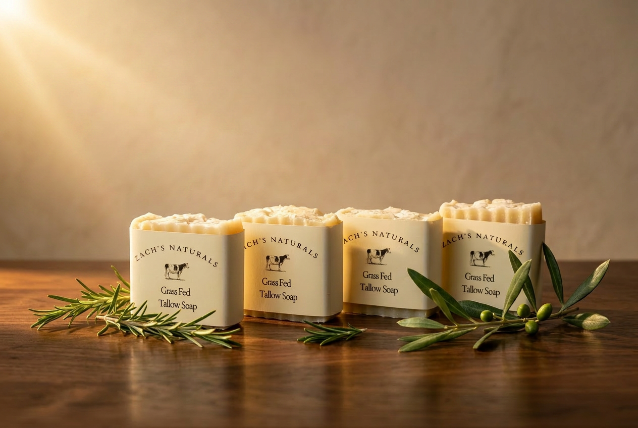 Four Zach's Naturals handcrafted Grass Fed Tallow Soap bars on a walnut surface with rosemary and olive branches